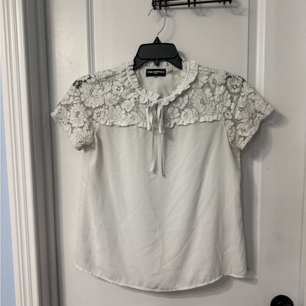 Karl Lagerfeld White Lace Blouse with Ruffle Detail